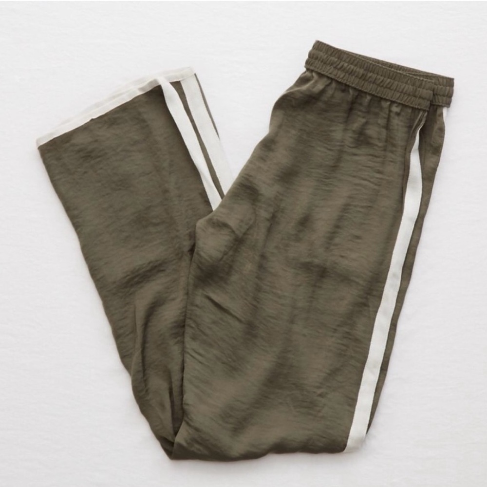 Aerie Satin Olive Green Track Pants with White Stripes